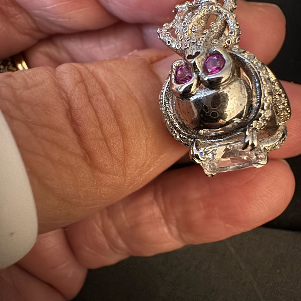 Silver Statement Ring With Clear Gemstone Skulls … - image 2